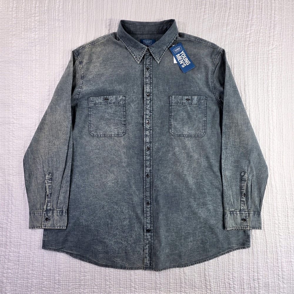 The Foundry Mens 3XLT Blue Acid Wash Cotton Button Down Shirt NWT Grunge Casual